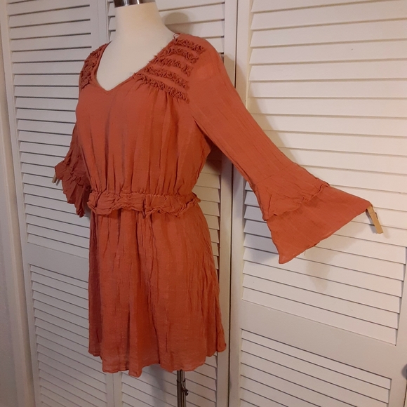 C&V Cottage Style Crepe Mini Dress with Ruffles & Bell Sleeves - Picture 8 of 15